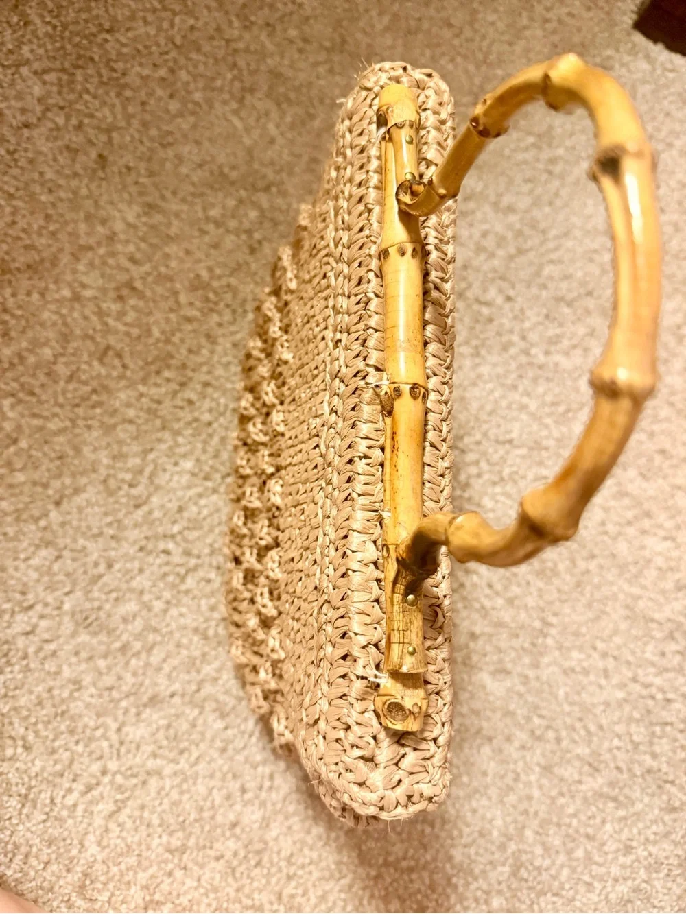 Rare Mid-Century Vintage Japanese Handwoven Straw Bag with Bamboo Handles